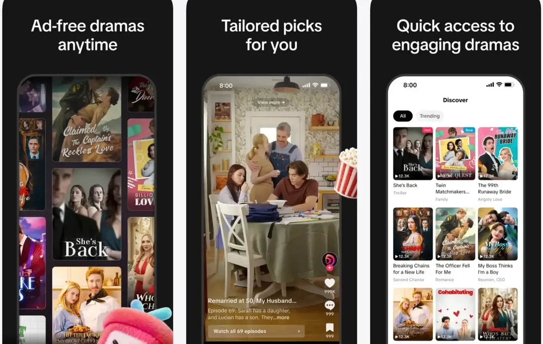 Visual for this record: Three drama apps sort their catalogues by the same tropes